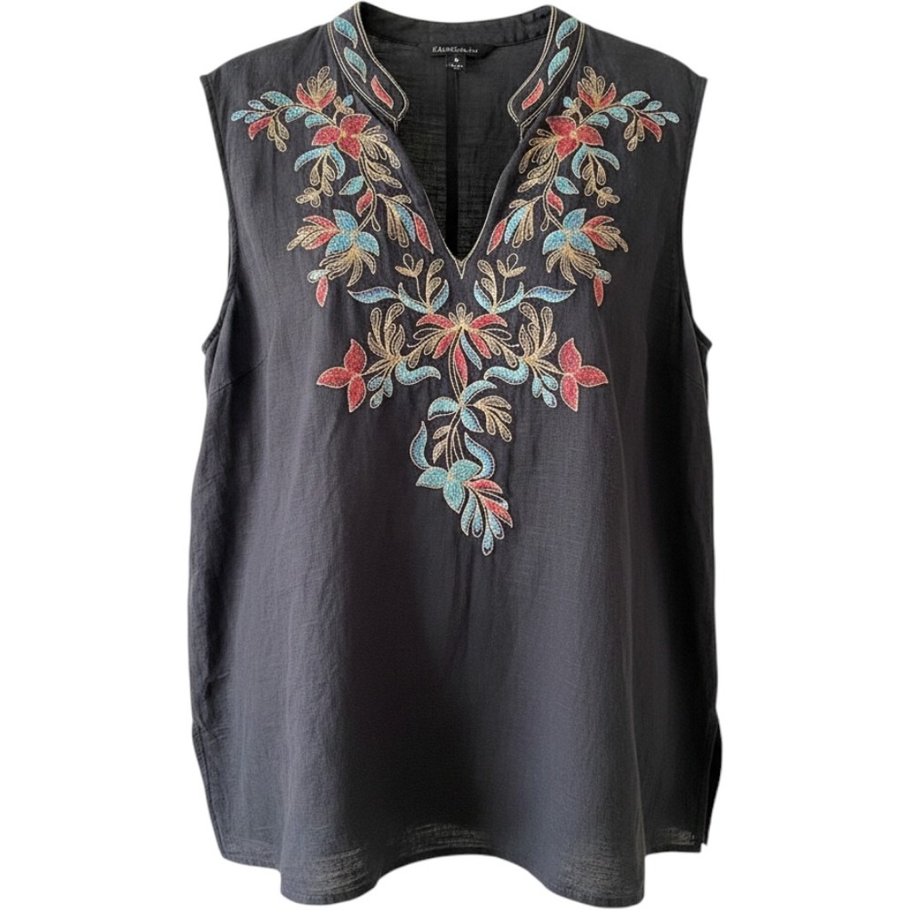 Silk Land Woman Black 100% Silk Embroidered Sleeveless V-Neck Top Plus Size 2X